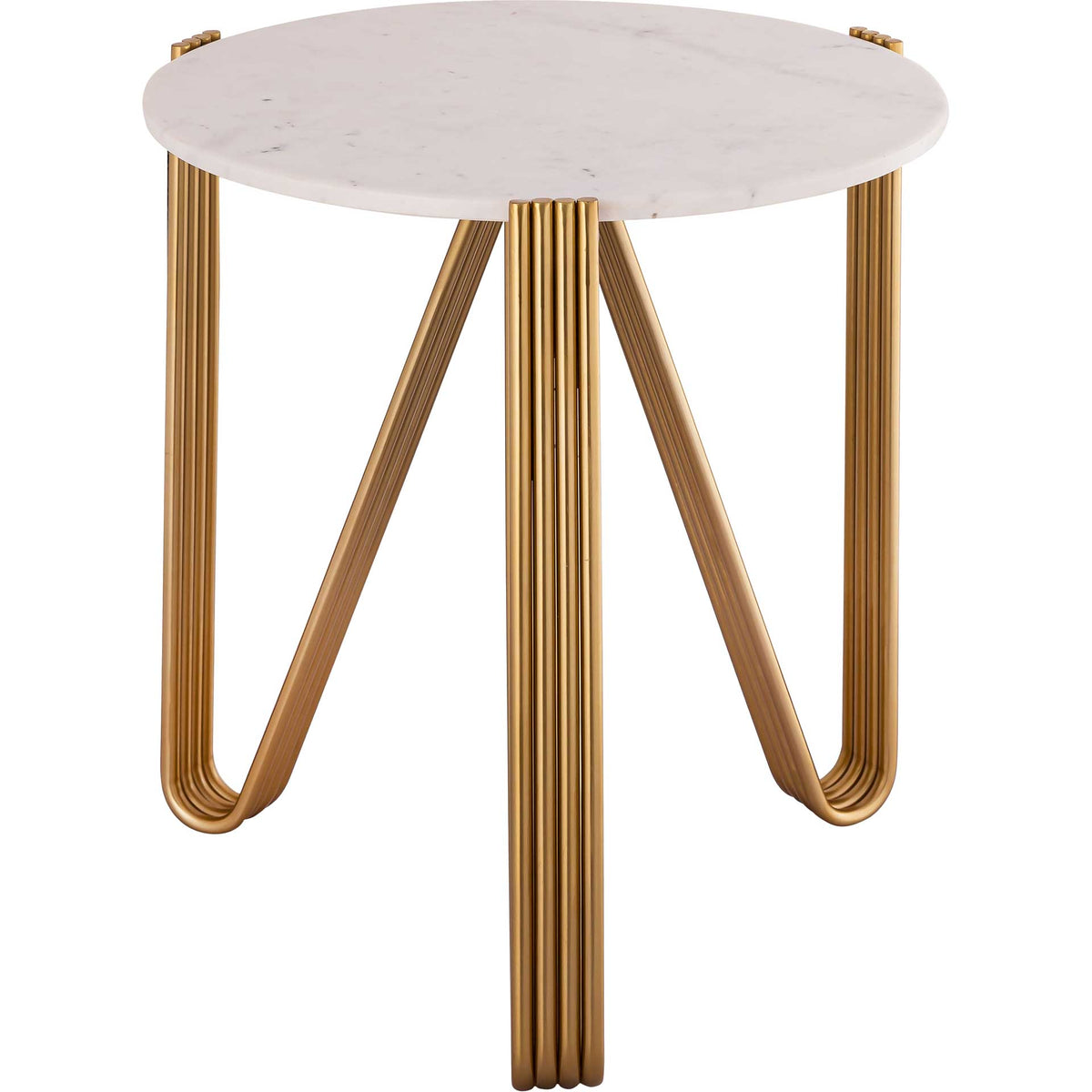 A white marble top pairs with curved, ribbed gold iron legs for a light, sculptural look. || TOV-OC18317 || back_angle_studio