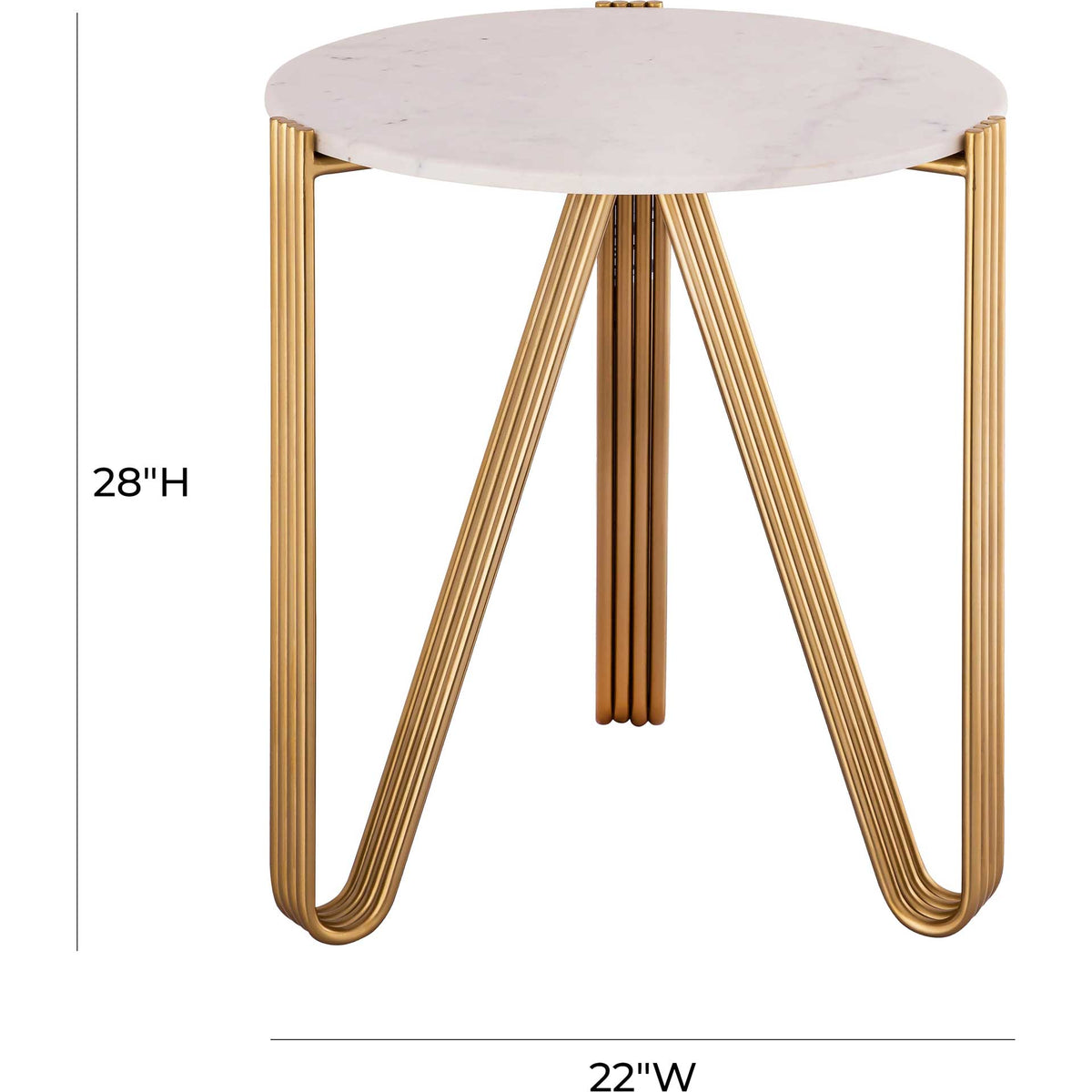 A round marble top and flowing gold iron legs balance natural stone with a sculptural silhouette.