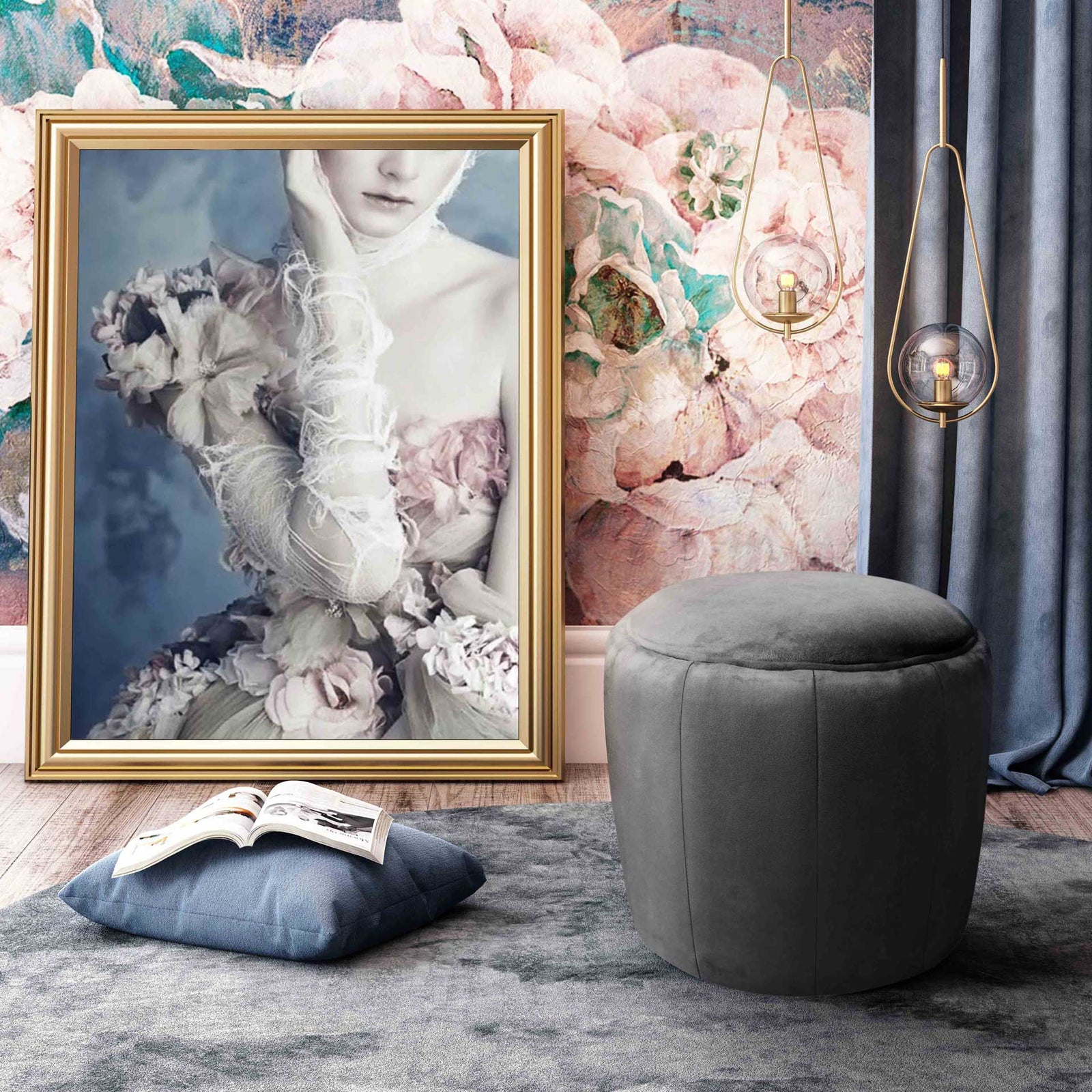 Ivy Velvet Ottoman Gray