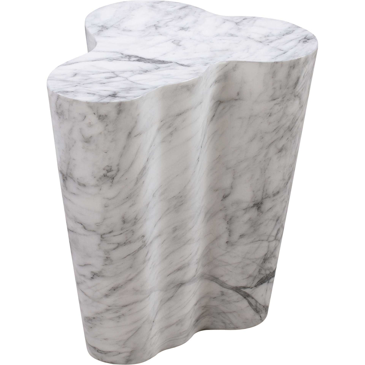 A tall concrete side table makes a statement with flowing curves and a white marble-look finish || TOV-OC44038 || front_angle_studio
