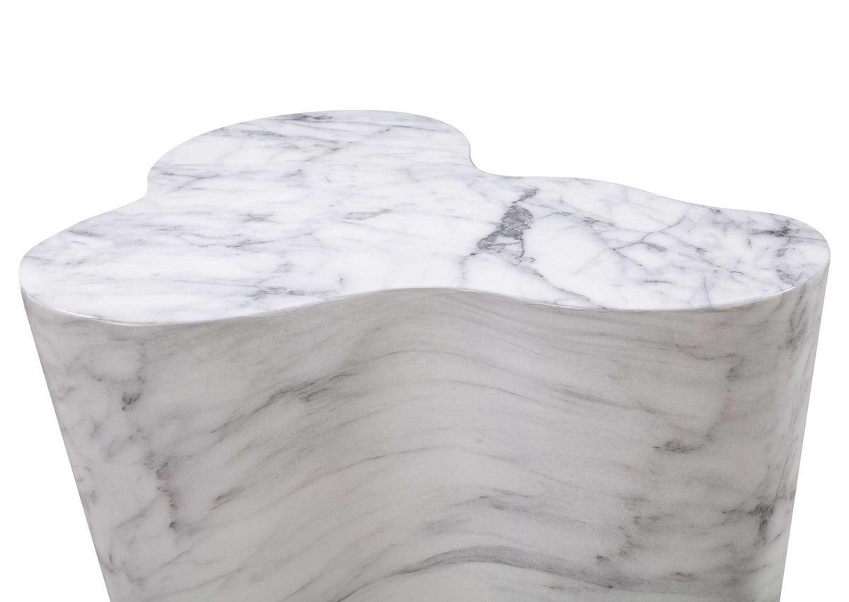 A gently curved tabletop flows into sculpted sides with continuous white and gray marble-look patterning