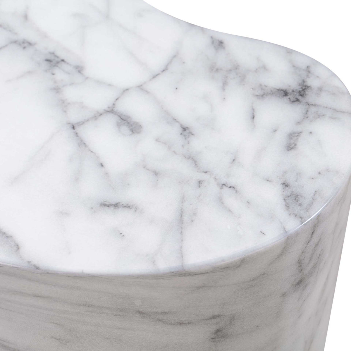 Fine gray veins and a smooth, rounded edge add refinement to the white marble-look tabletop