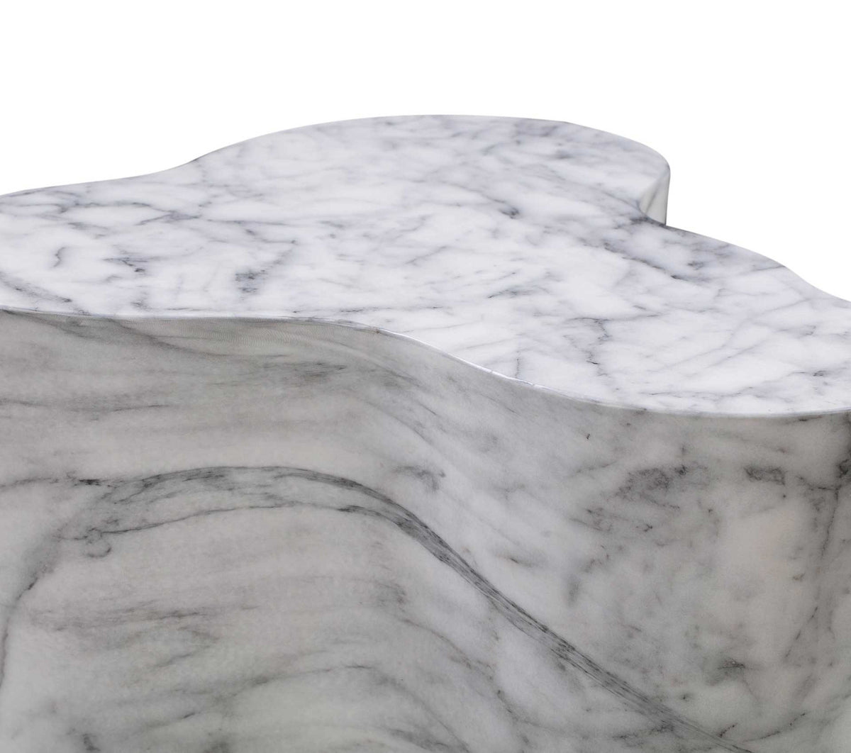 Smoothly rounded edges frame the free-form tabletop, while gray veining continues down the curved sides