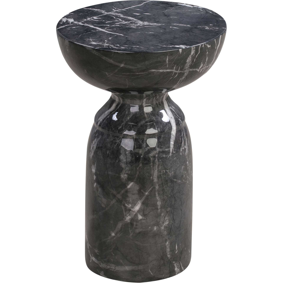 Black marble-look concrete side table with a round top and sculptural pedestal base || TOV-OC44040 || front_angle_studio