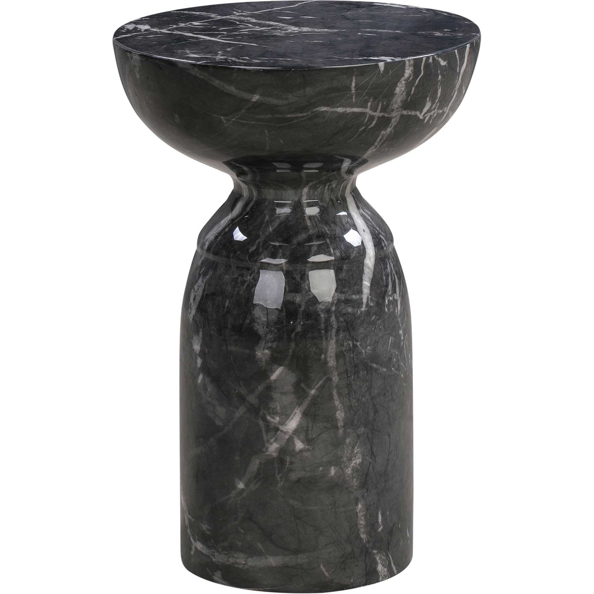 Glossy black side table with white veining, a narrow waist, and a rounded pedestal base || TOV-OC44040 || front_studio