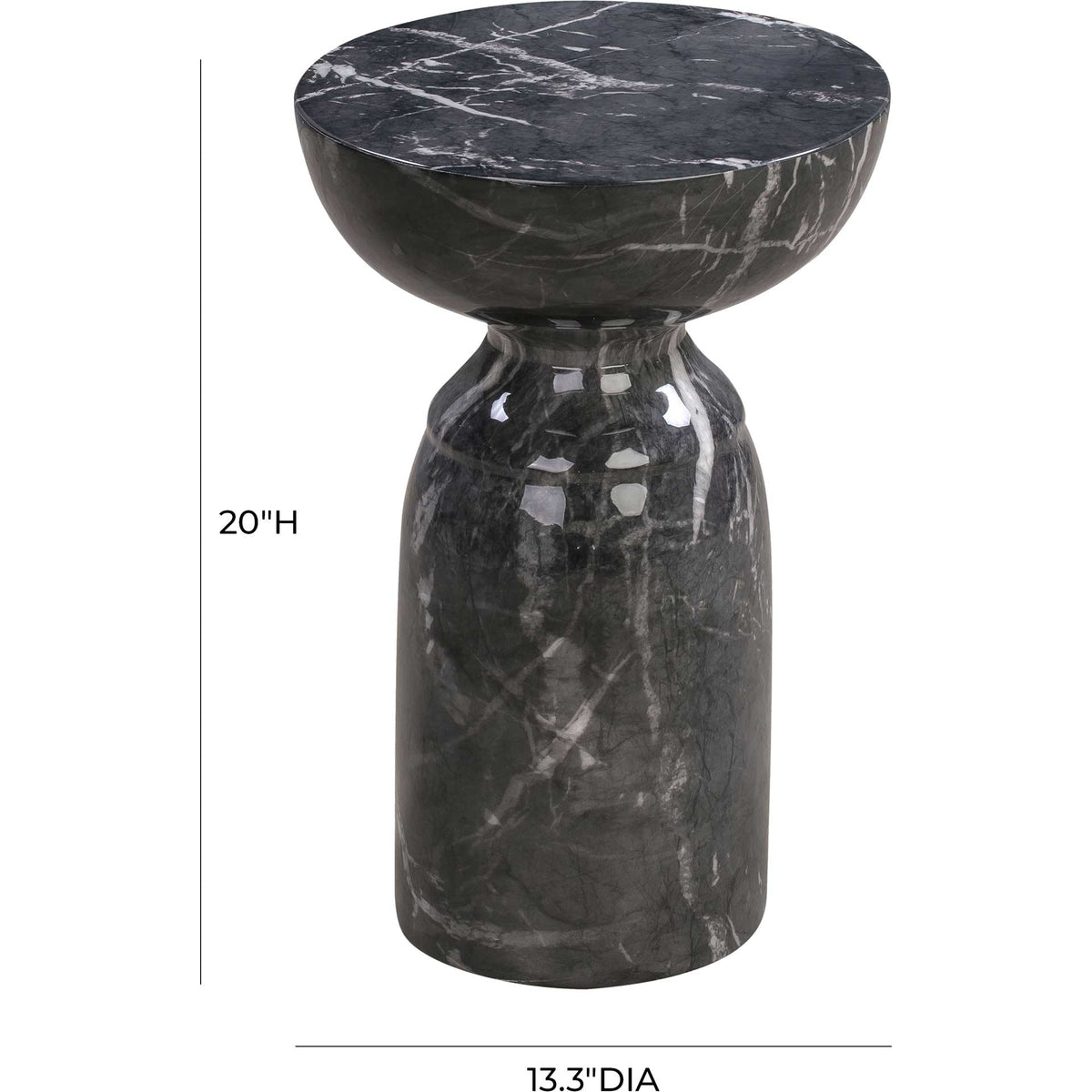 Compact black marble-look side table stands 20 inches tall with a 13.3-inch round top