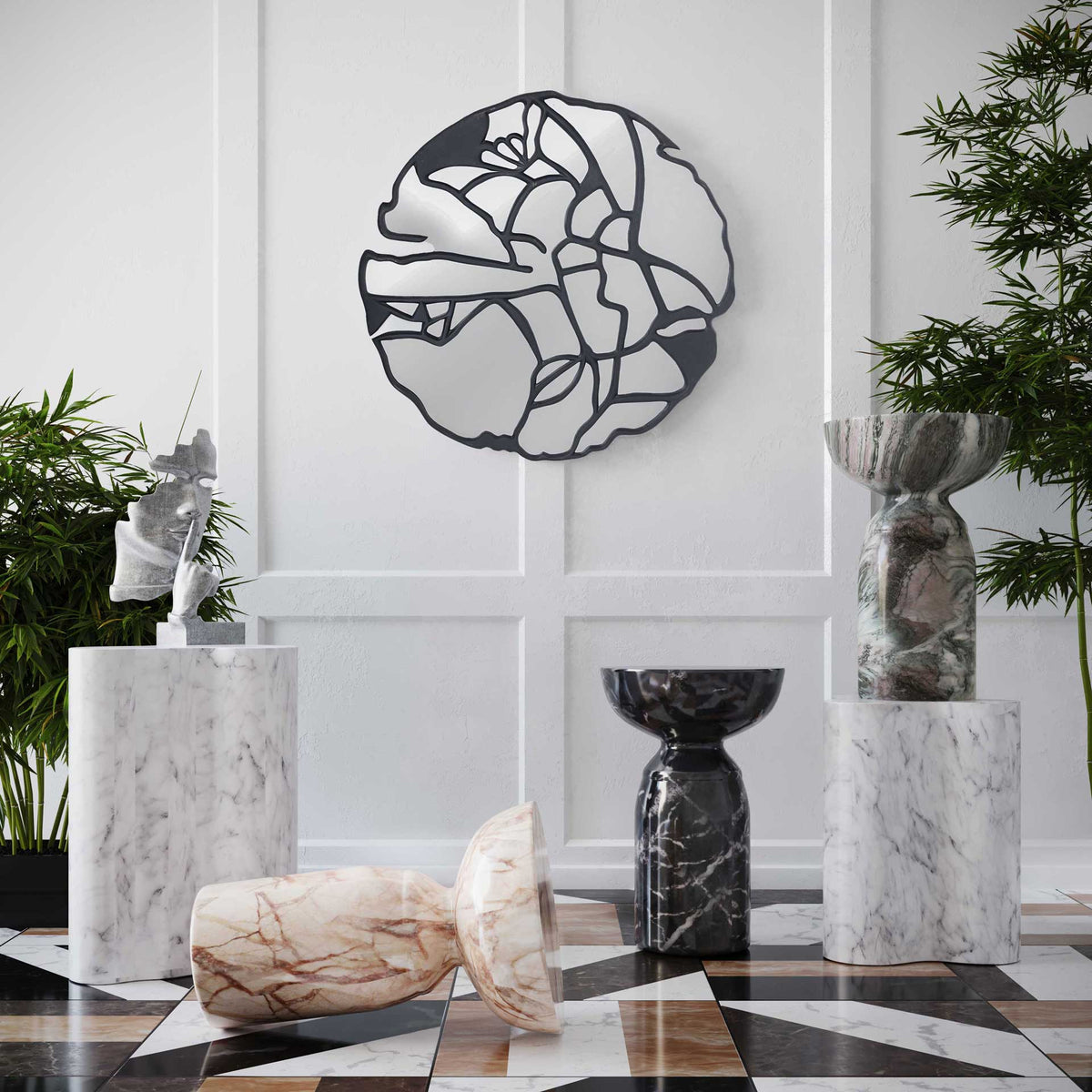 Sculptural side tables in black, gray-and-blush, and peach marble-look finishes share graceful curves