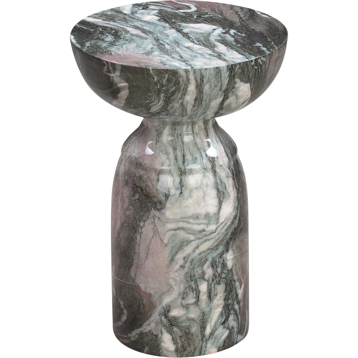 Gray and blush marble-look concrete side table with a round top and sculptural hourglass silhouette || TOV-OC44041 || front_angle_studio
