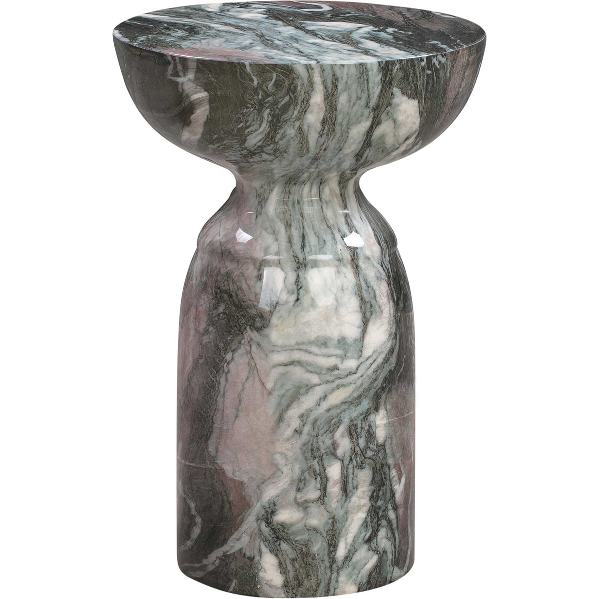 White, gray, and blush veining flows across a glossy side table with a gently curved pedestal || TOV-OC44041 || front_studio