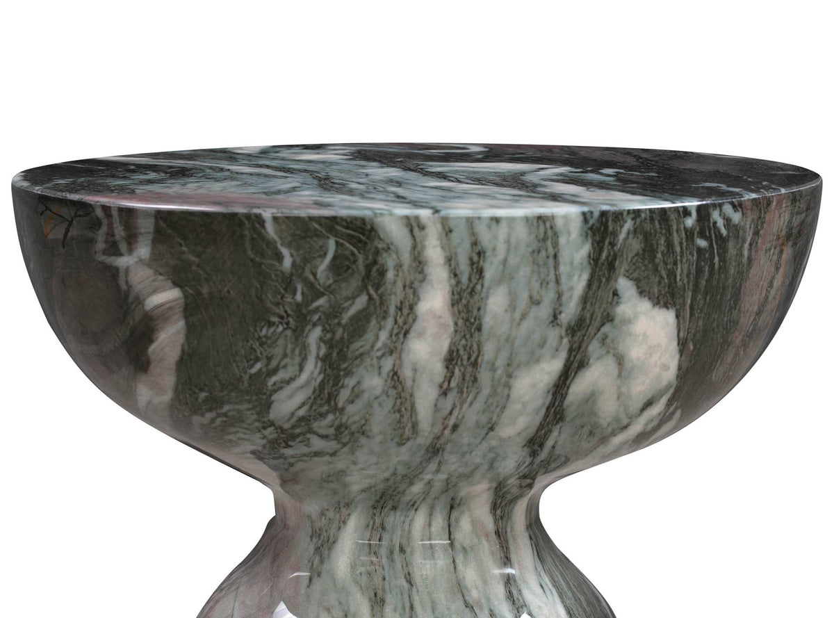 A rounded tabletop edge and pinched neck carry flowing gray and blush marble-look veining
