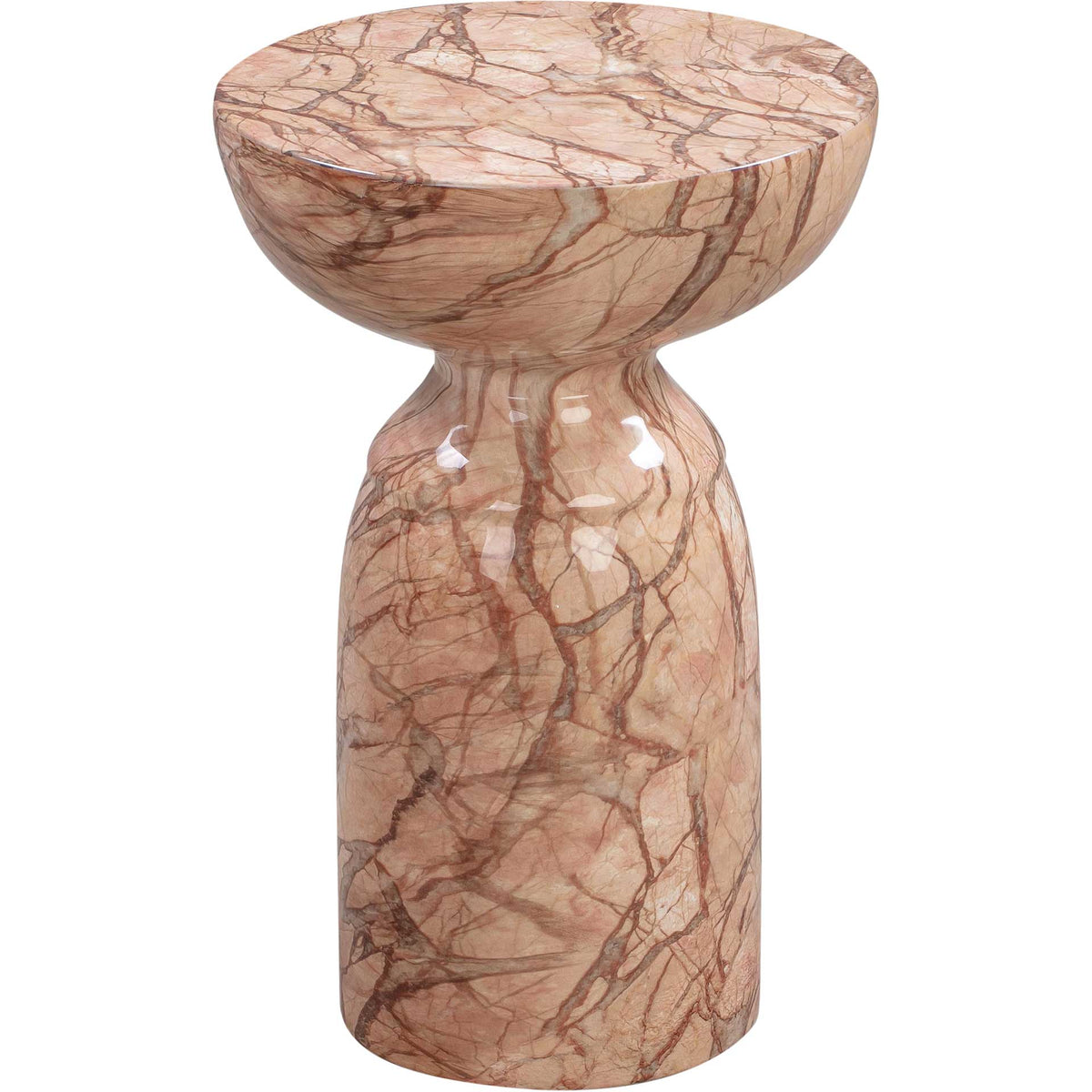 Peach marble-look concrete side table with warm brown veining and a sculptural pedestal base || TOV-OC44042 || front_angle_studio