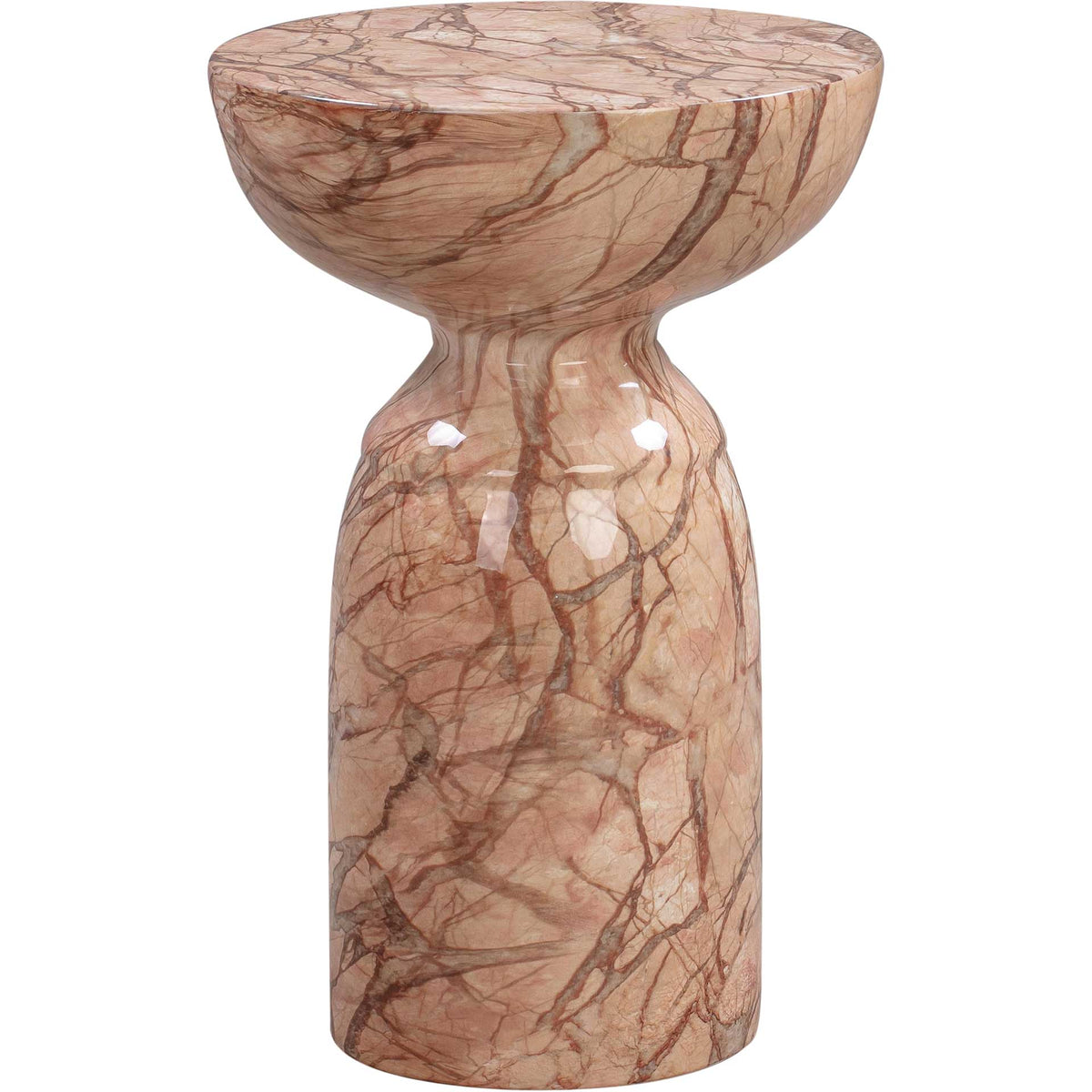 Glossy peach side table pairs a broad round top with a narrow waist and rounded pedestal || TOV-OC44042 || front_studio