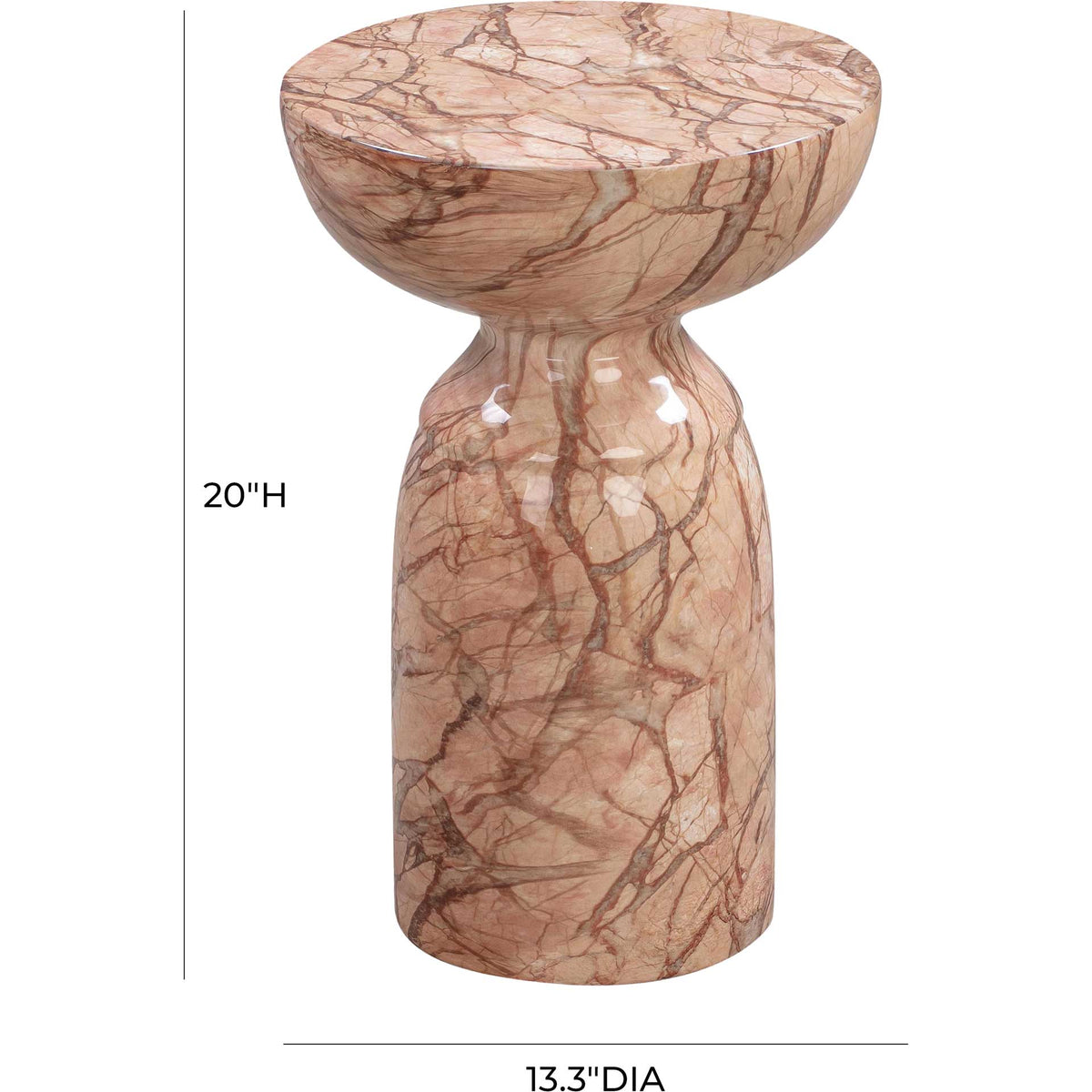 Compact peach marble-look side table measures 13.3 inches in diameter and 20 inches tall