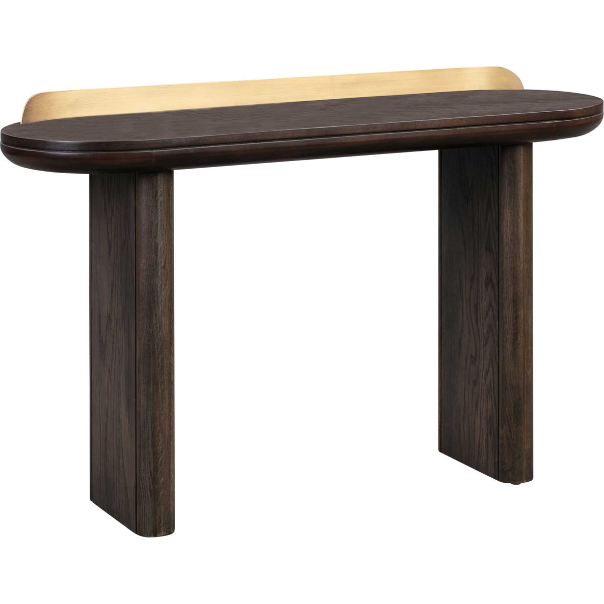 Dark brown wood grain, rounded edges, and brass-finished trim give this desk a rich, modern look || TOV-OC44055 || front_angle_studio