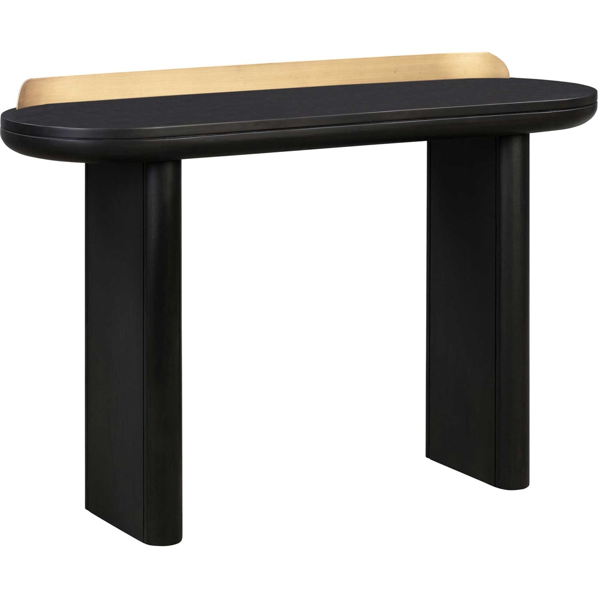 Black desk with rounded edges, broad panel legs, and a raised brass-finished back rail || TOV-OC44056 || front_angle_studio