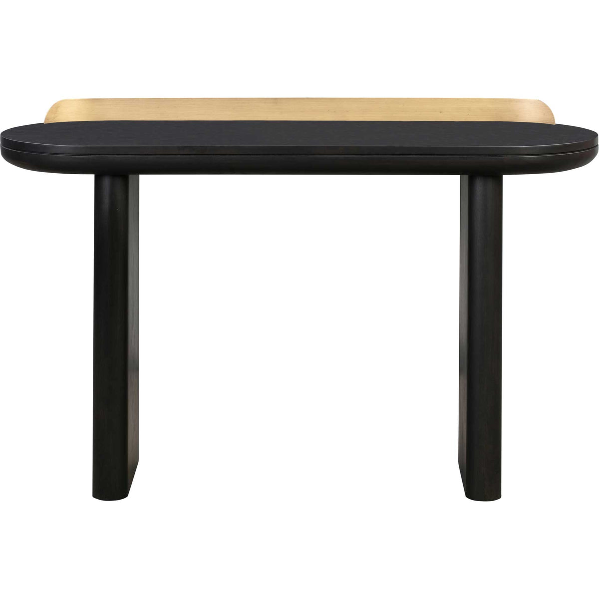 A slim black console table pairs an elongated rounded top with a clean, open base || TOV-OC44056 || front_studio