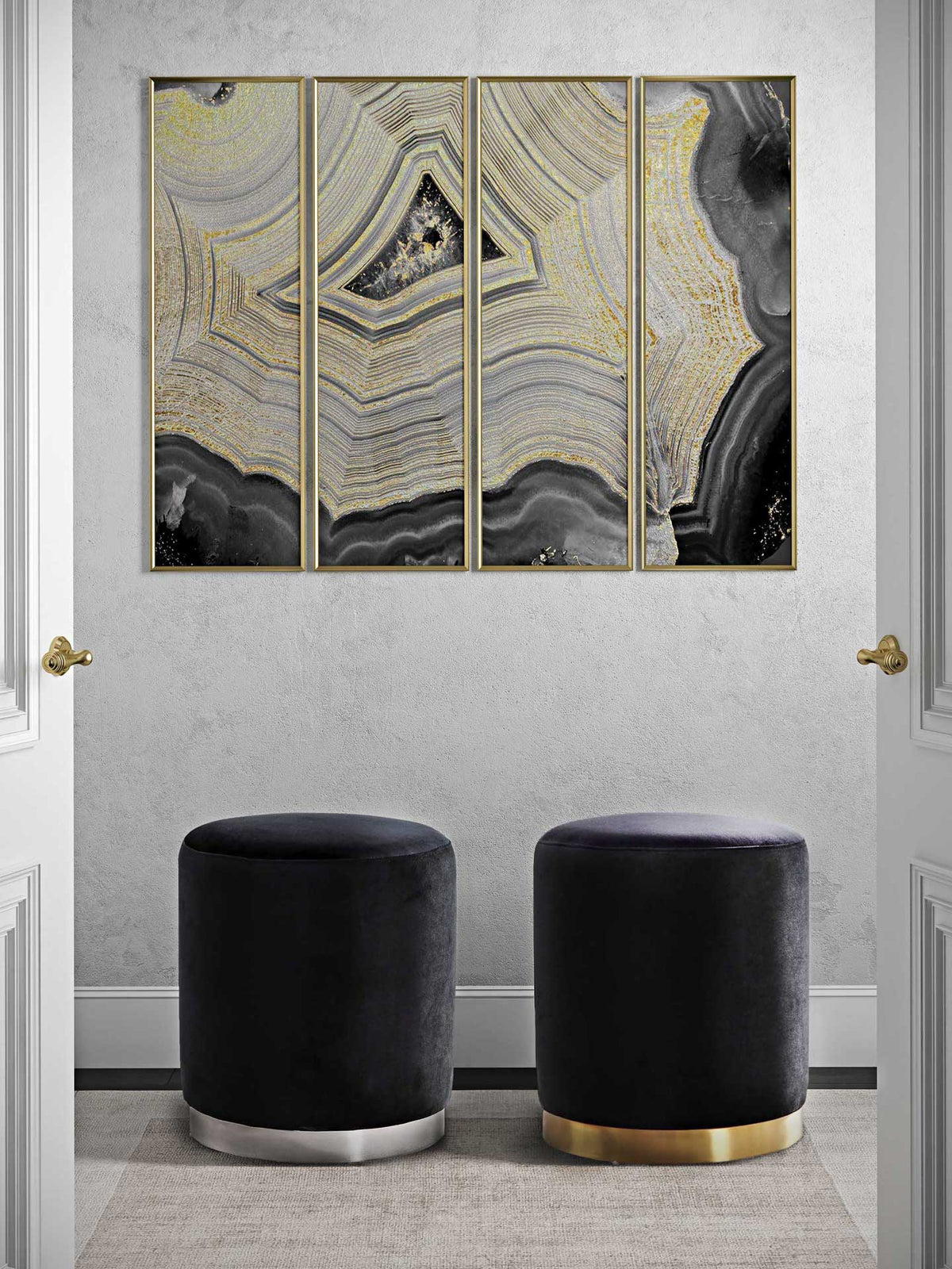 Black velvet ottomans with gold and silver bases add contrasting metallic accents to your decor.