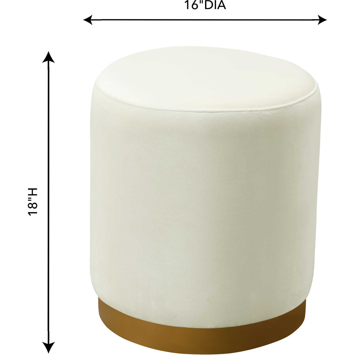 At 16 inches wide and 18 inches tall, this cream velvet ottoman adds compact comfort with a gold base.