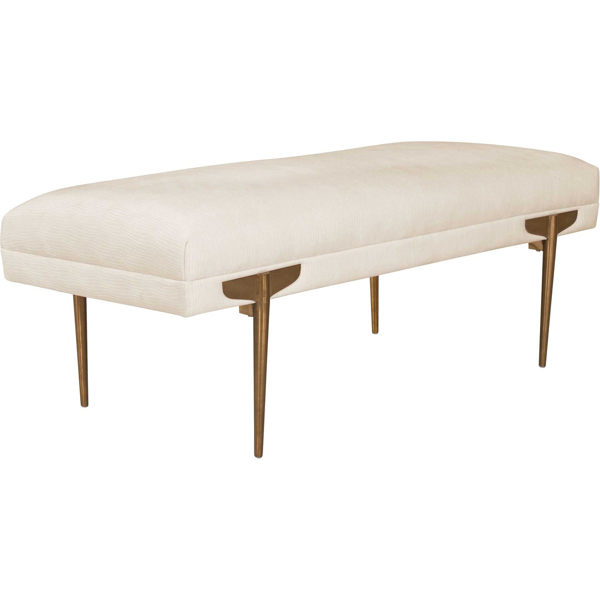 Off-white velvet with a subtle wave texture pairs with tapered gold legs for a softly glamorous bench. || TOV-OC6207 || front_angle_studio