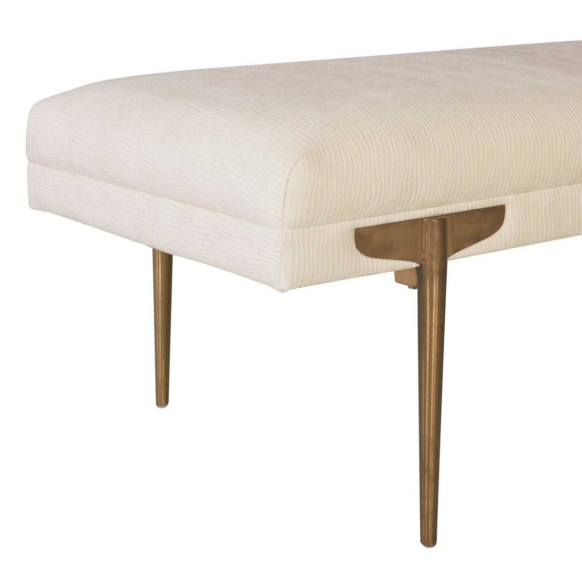 Curved gold leg mounts and slender stainless steel supports complement the textured off-white velvet.