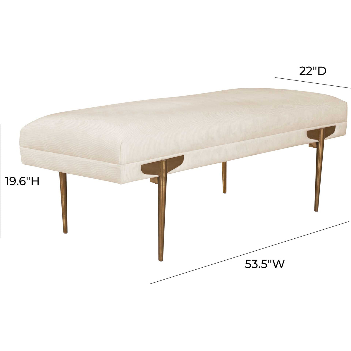 At 53.5 inches wide, this off-white velvet bench offers spacious seating on graceful gold legs.