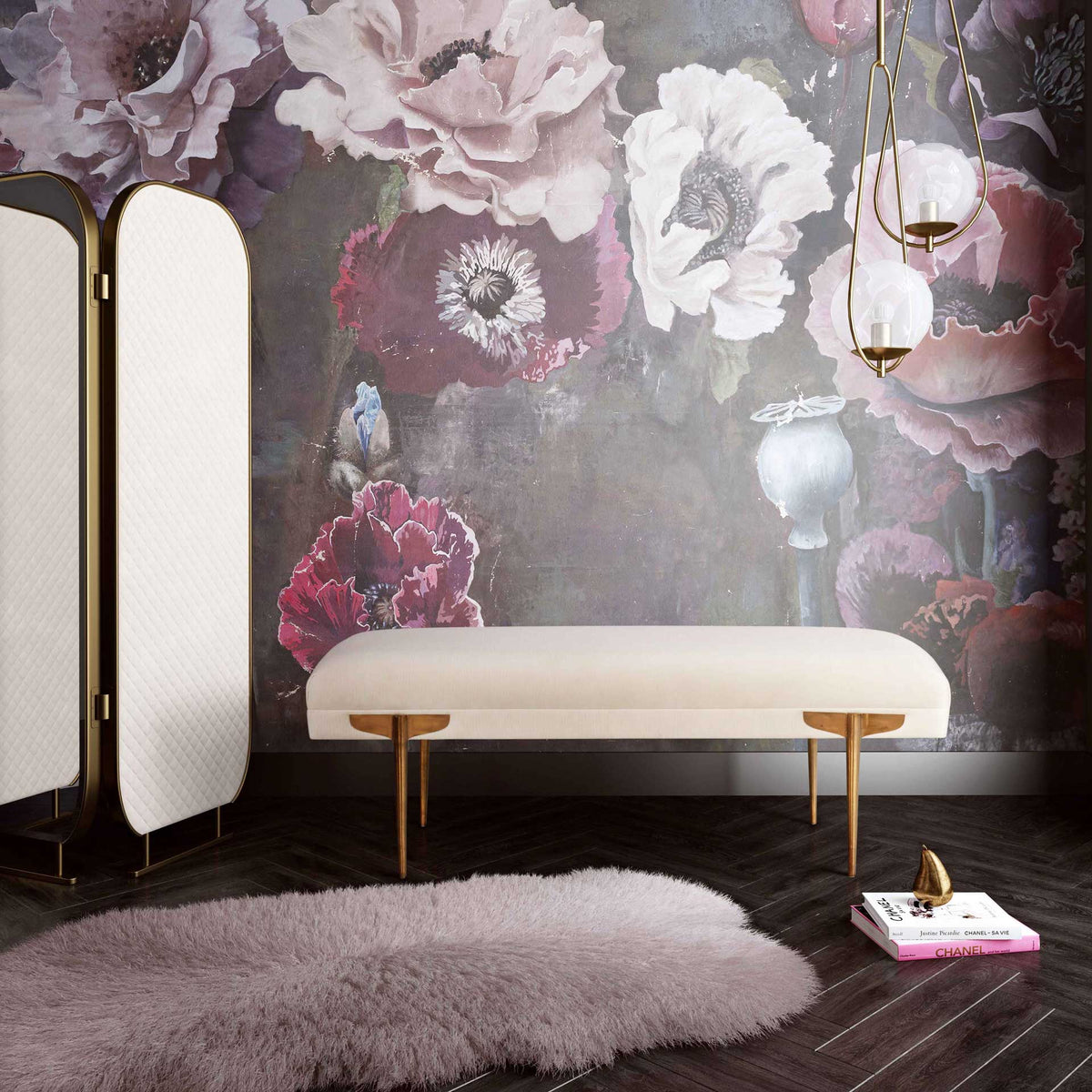Creamy velvet upholstery and warm gold legs bring soft texture and understated glamour to this accent bench.