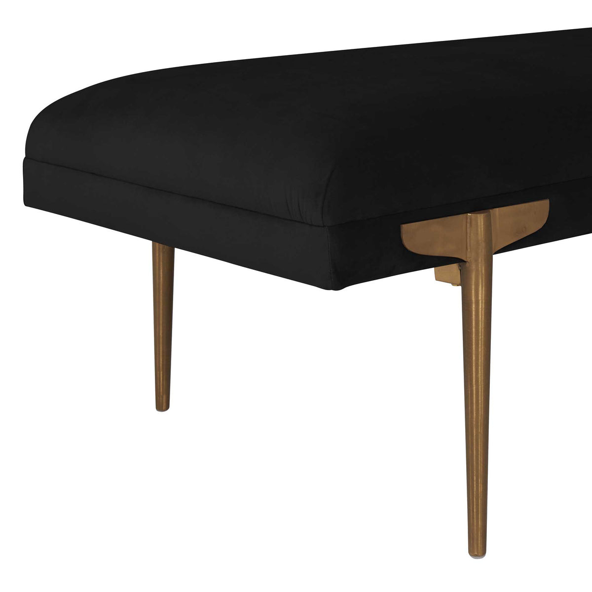 Sculpted gold stainless steel legs add a striking contrast beneath the black velvet cushion.