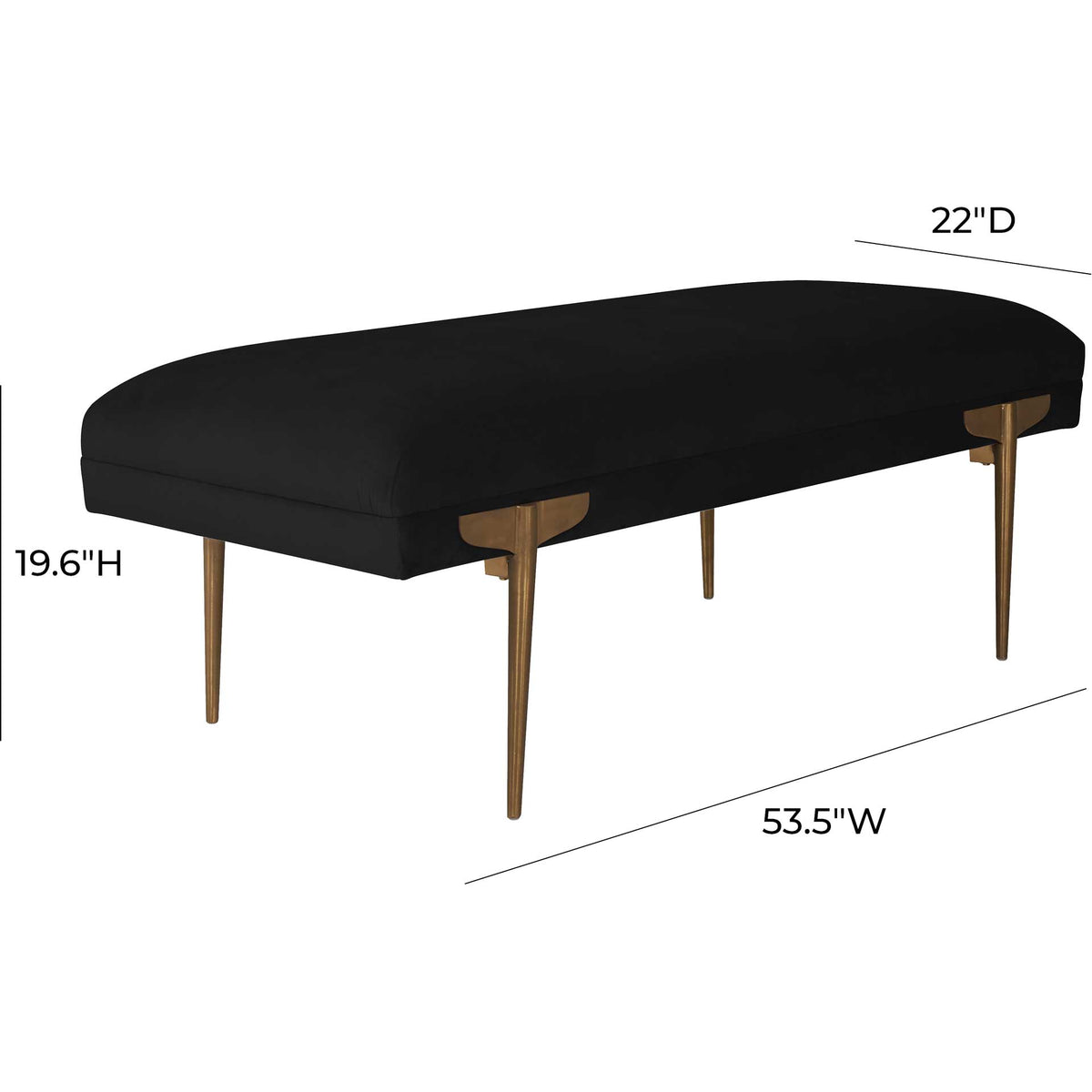 A 53.5-inch-wide black velvet bench offers generous seating on slender gold legs.