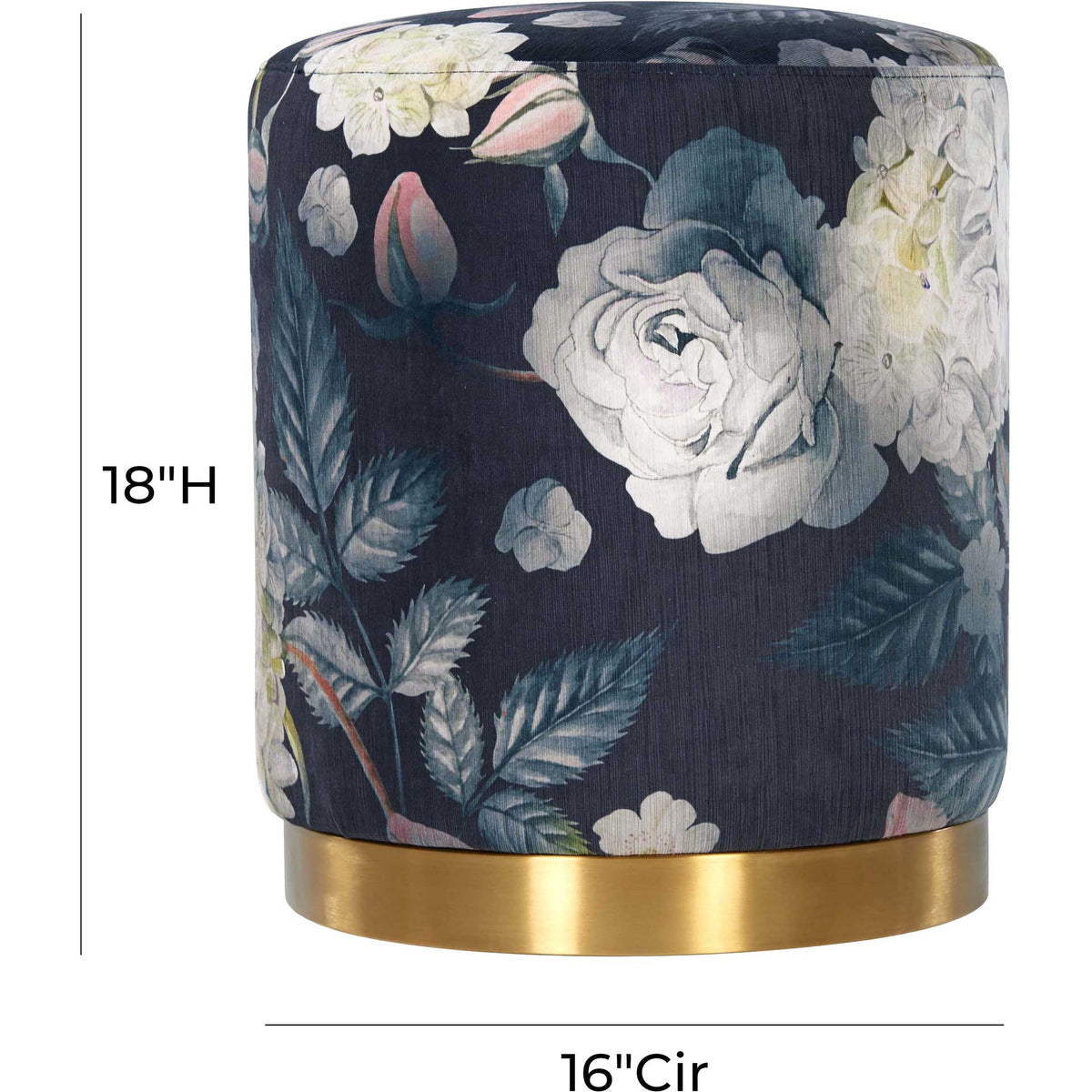 A 16-inch-wide floral velvet ottoman stands 18 inches tall on a gold base.
