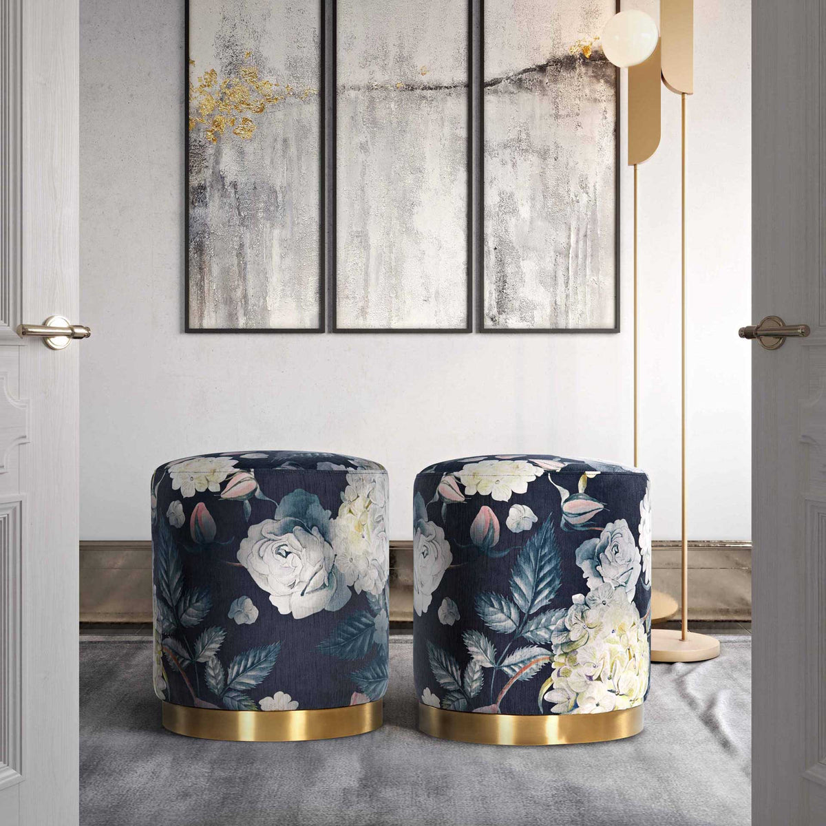 Floral velvet ottomans pair romantic botanical patterns with gold bases for a refined accent.