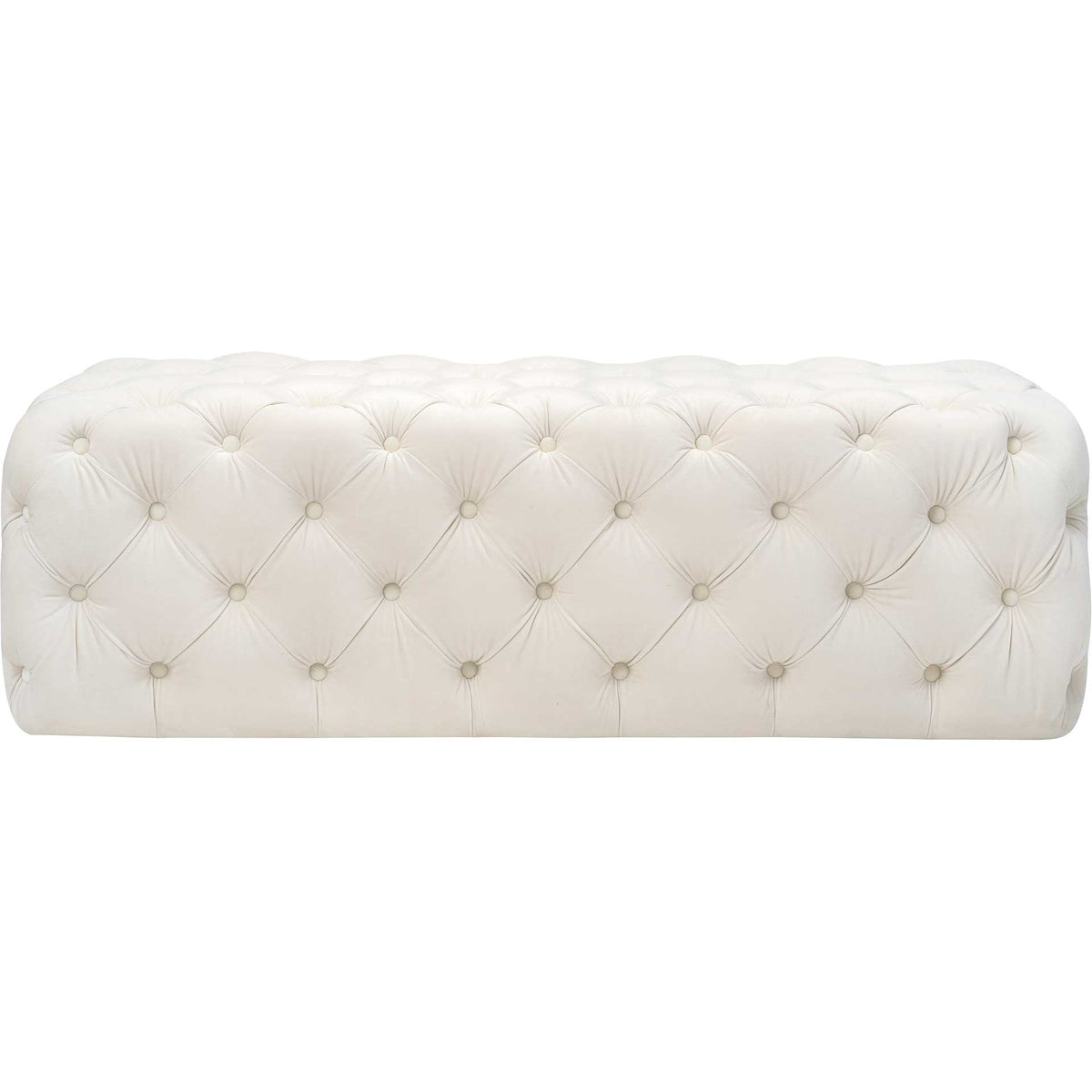 Allover diamond tufting brings classic texture to a generously sized cream velvet ottoman. || TOV-OC6314 || front_studio