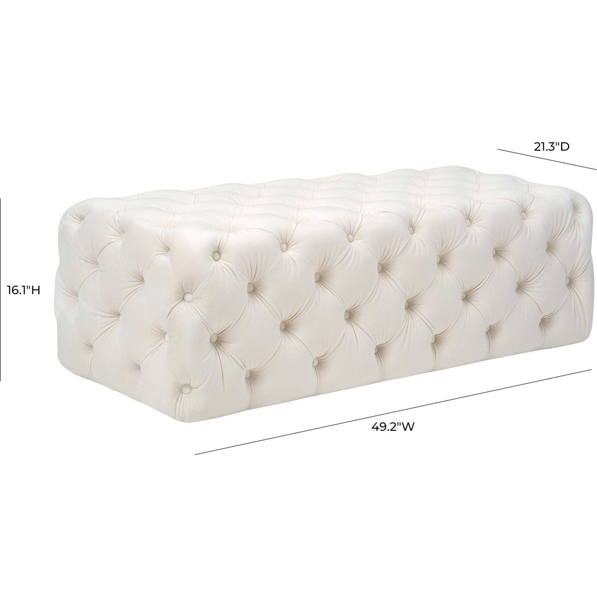 A roomy cream velvet ottoman offers a 49.2-inch width, 21.3-inch depth, and 16.1-inch height.