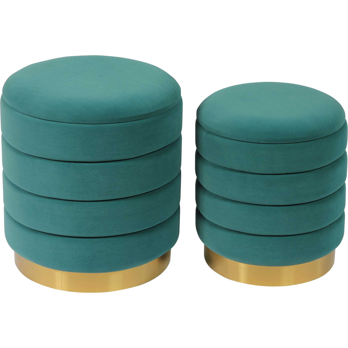 Teal velvet ottomans pair plush round tops and horizontal channel tufting with gleaming gold-tone bases || TOV-OC6459 || front_angle_studio