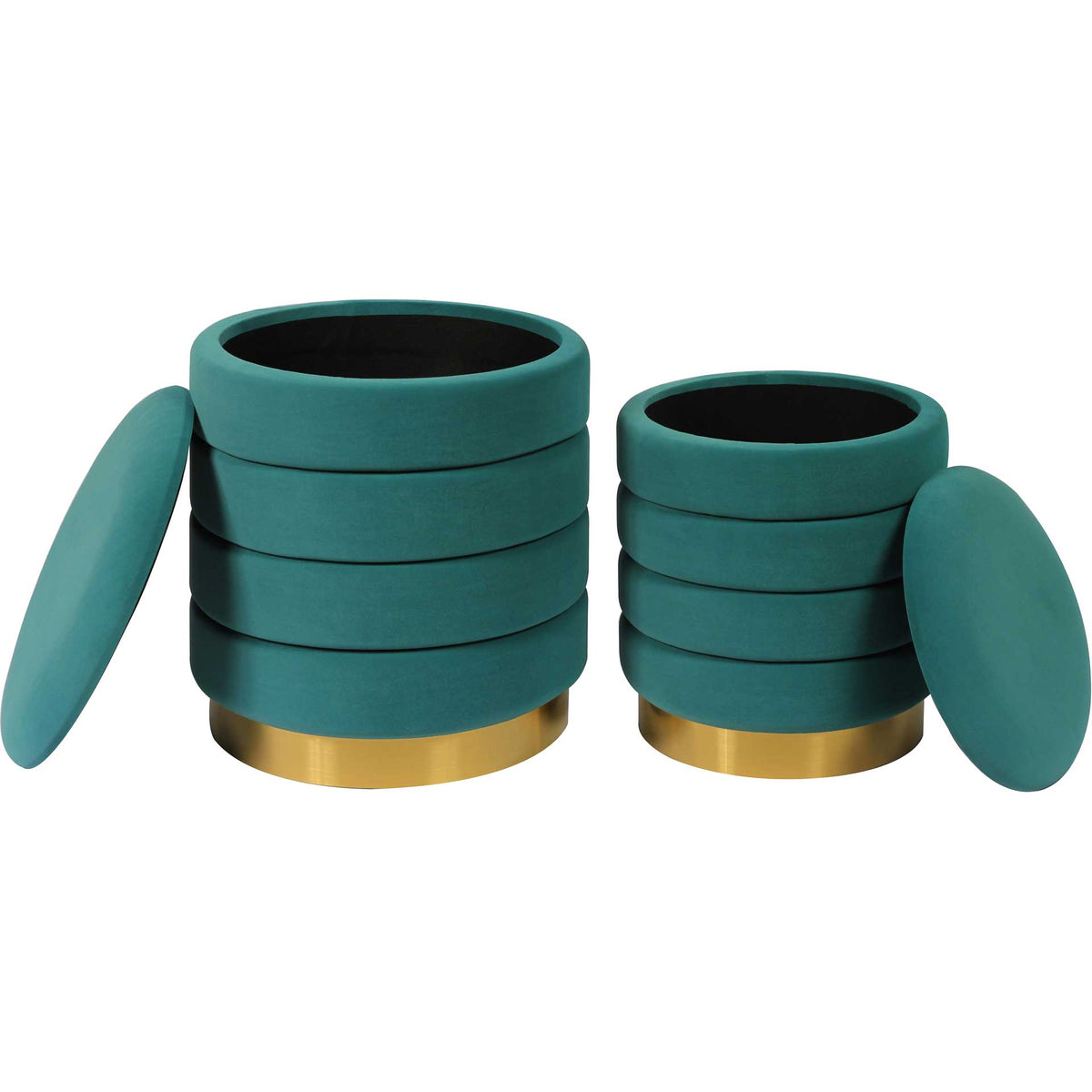 Removable padded lids reveal roomy black-lined storage inside both teal velvet ottomans