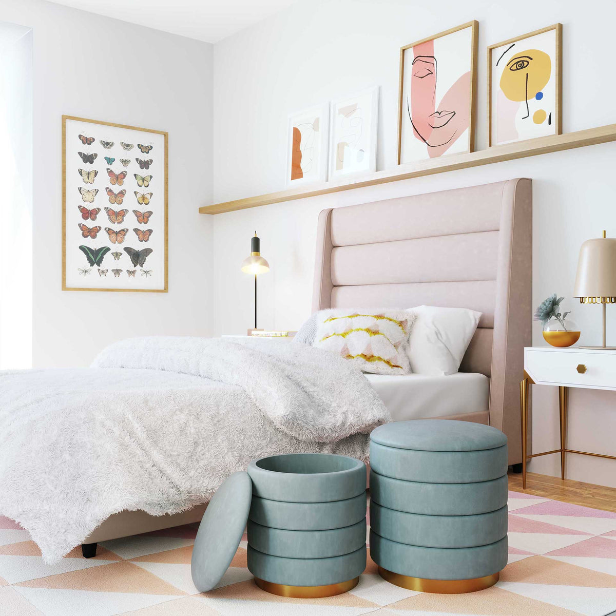 Sanford Velvet Storage Ottomans Sea Blue
