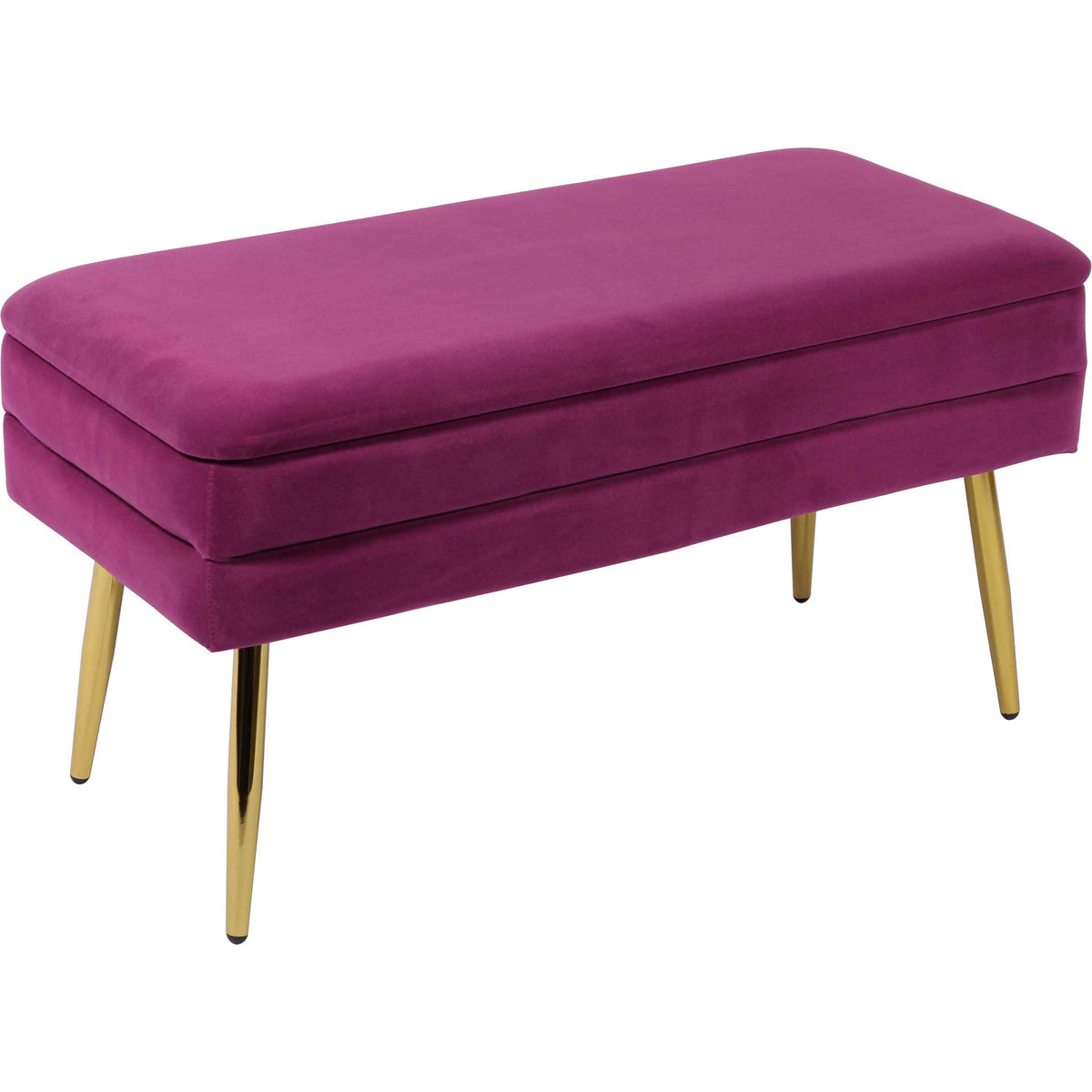 Rich plum velvet wraps a plush storage bench with slim gold legs and a cushioned, removable seat || TOV-OC6464 || front_angle_studio