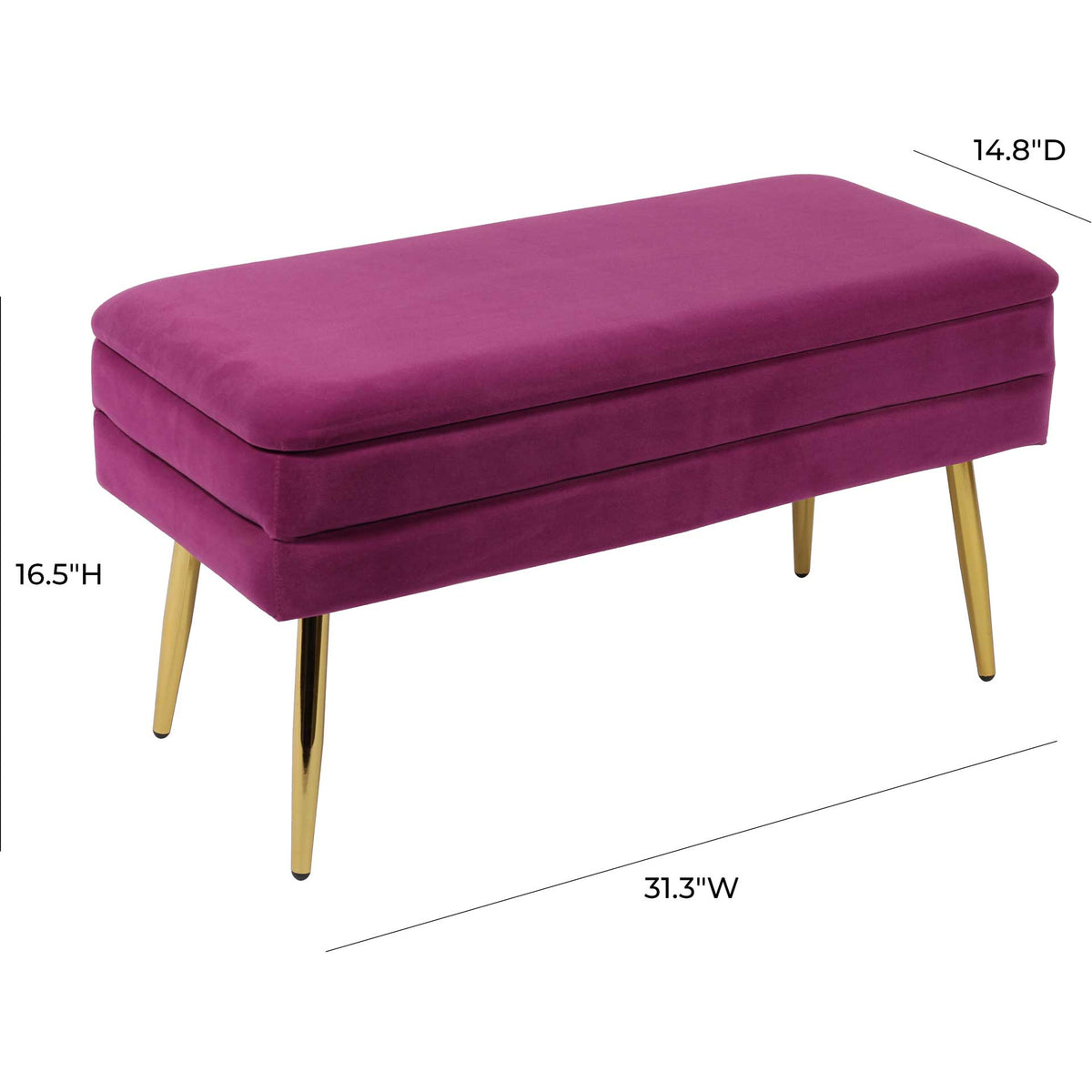 This plum velvet storage bench pairs a 31.3-inch-wide seat with a compact 16.5-inch height