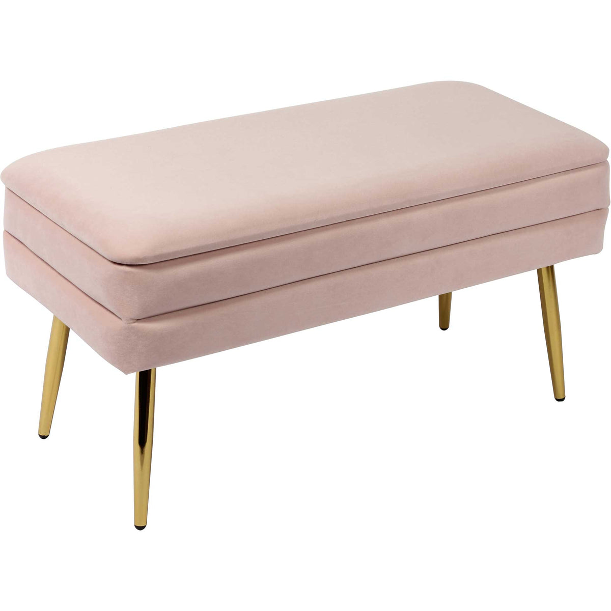 Blush velvet storage bench with a plush lift-off seat and gleaming tapered gold legs || TOV-OC6465 || front_angle_studio