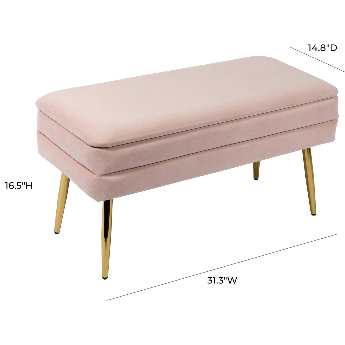 A compact blush velvet bench offers cushioned seating at 31.3 inches wide and 16.5 inches high