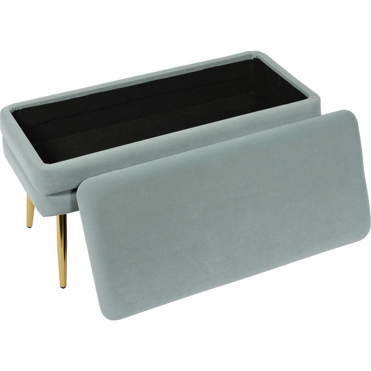 A removable sea blue velvet seat reveals a black-lined compartment for keeping everyday essentials organized