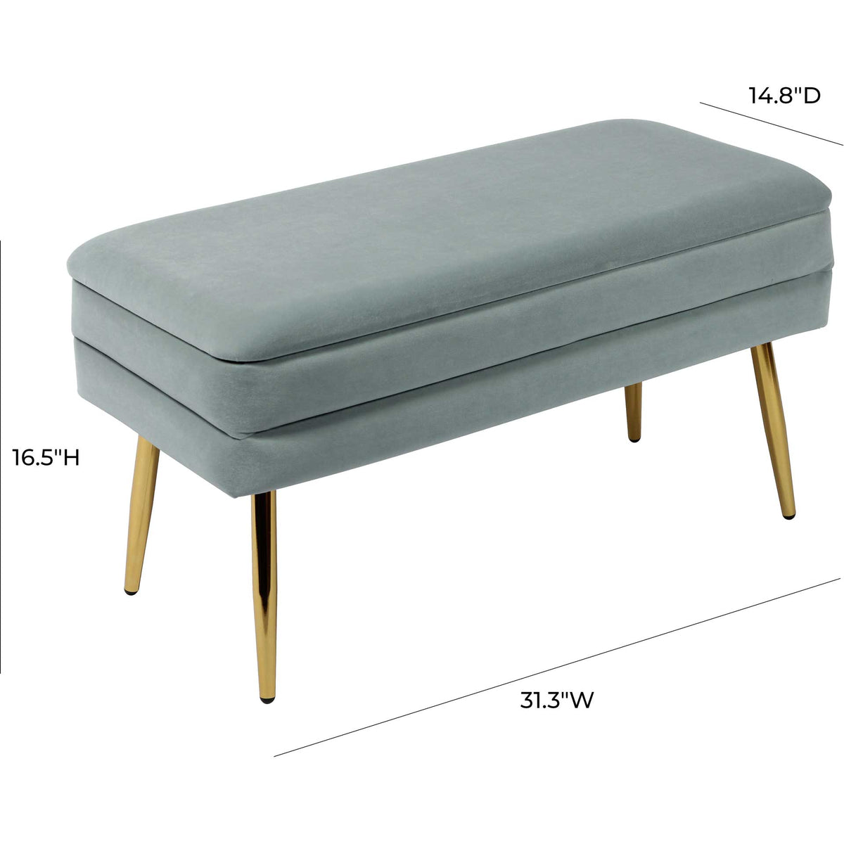Measuring 31.3 inches wide, 14.8 inches deep, and 16.5 inches high, this sea blue bench keeps seating compact