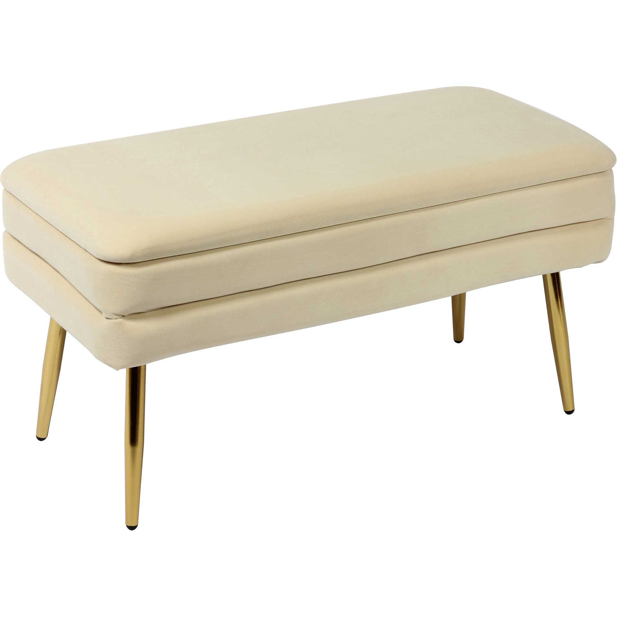 Cream velvet and polished gold legs give this cushioned storage bench a warm, elegant presence || TOV-OC6467 || front_angle_studio