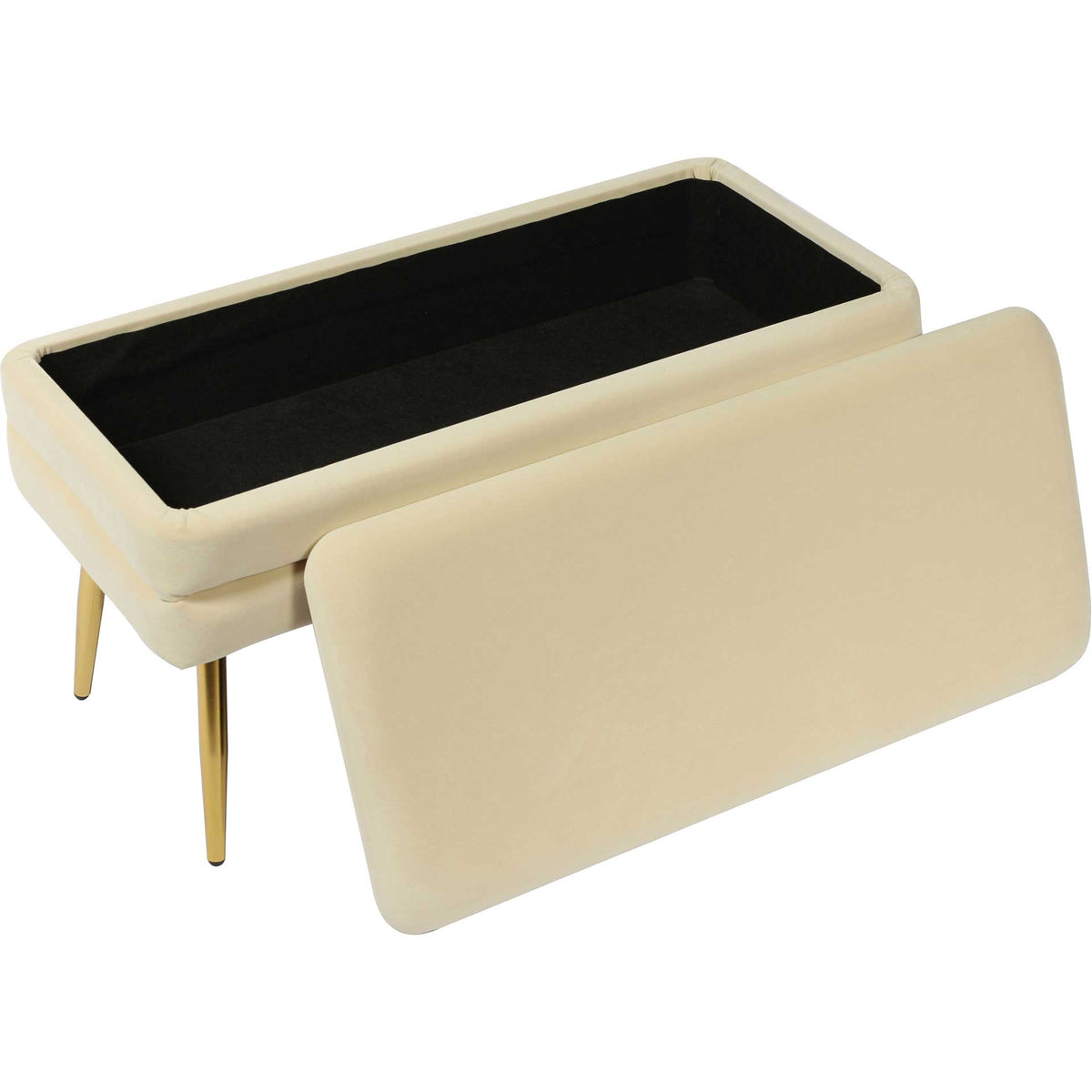 Beneath a lift-off cream velvet seat, a black-lined compartment keeps small belongings neatly tucked away