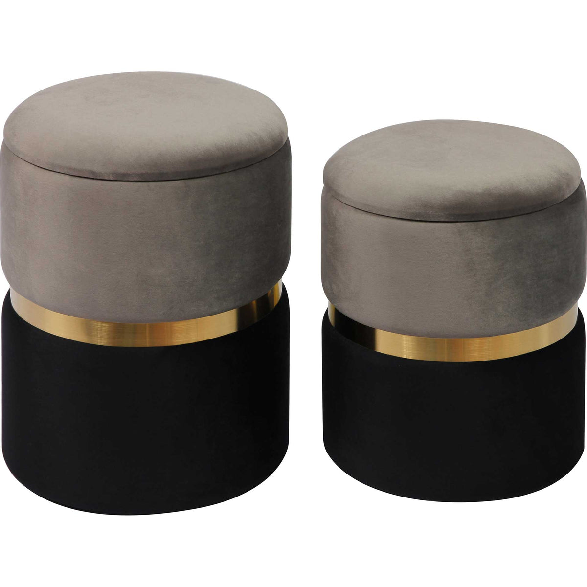 Plush gray velvet tops and black bases meet gleaming gold bands on two round ottomans || TOV-OC6472 || front_angle_studio