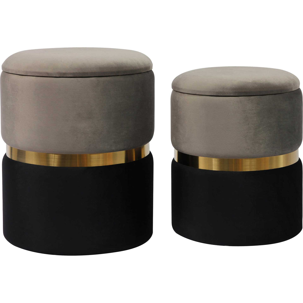 A pair of round ottomans in two sizes offers soft gray seating and contrasting black velvet bases || TOV-OC6472 || front_studio