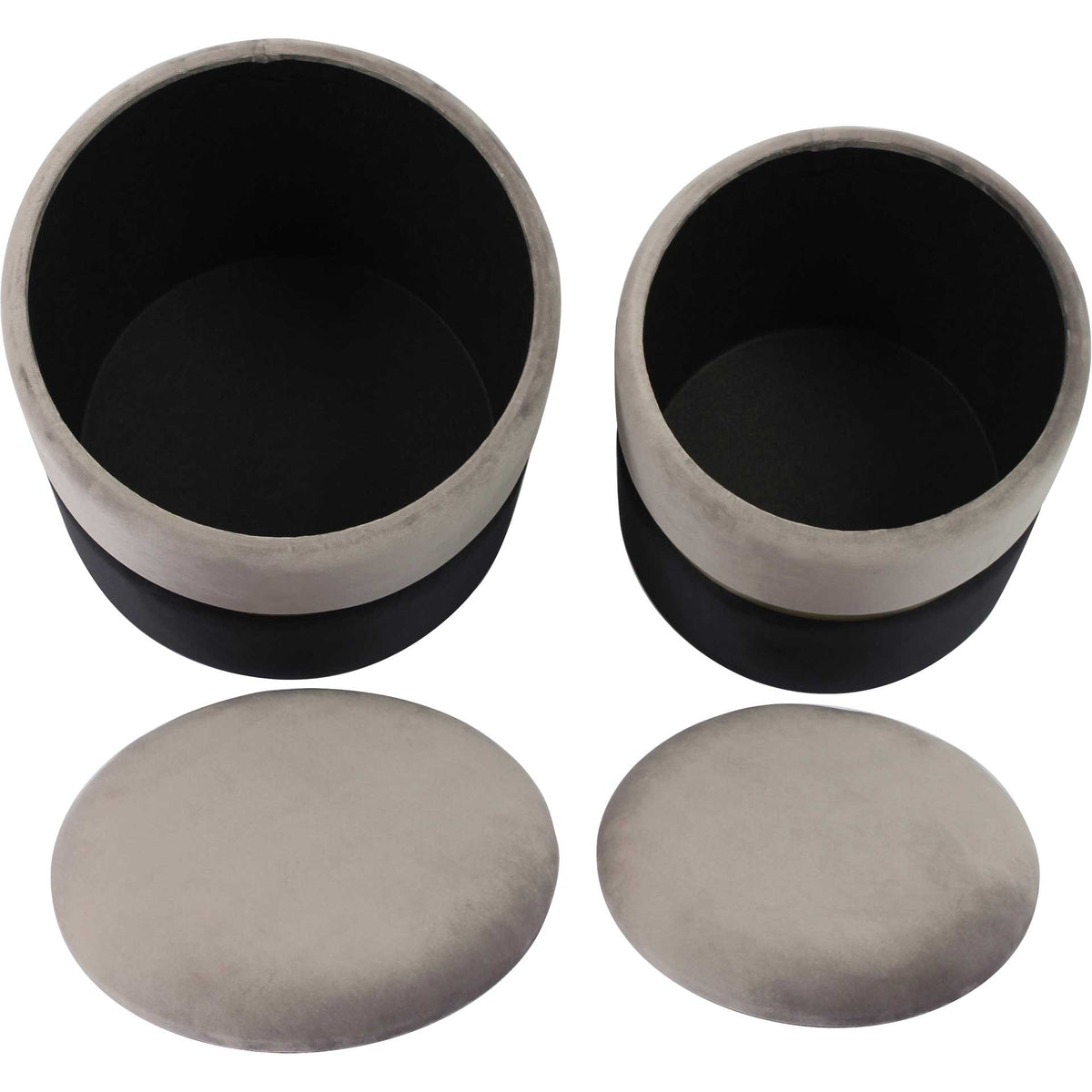 Deep storage compartments keep essentials tucked beneath removable, cushioned gray velvet lids