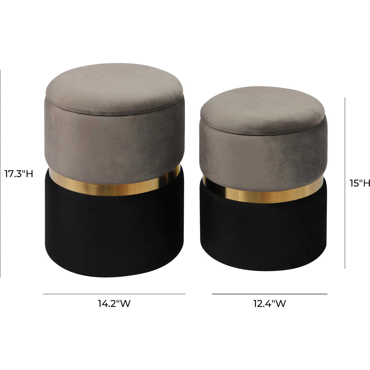 Two storage ottomans stand 17.3 and 15 inches tall, with gray velvet tops and gold accent bands