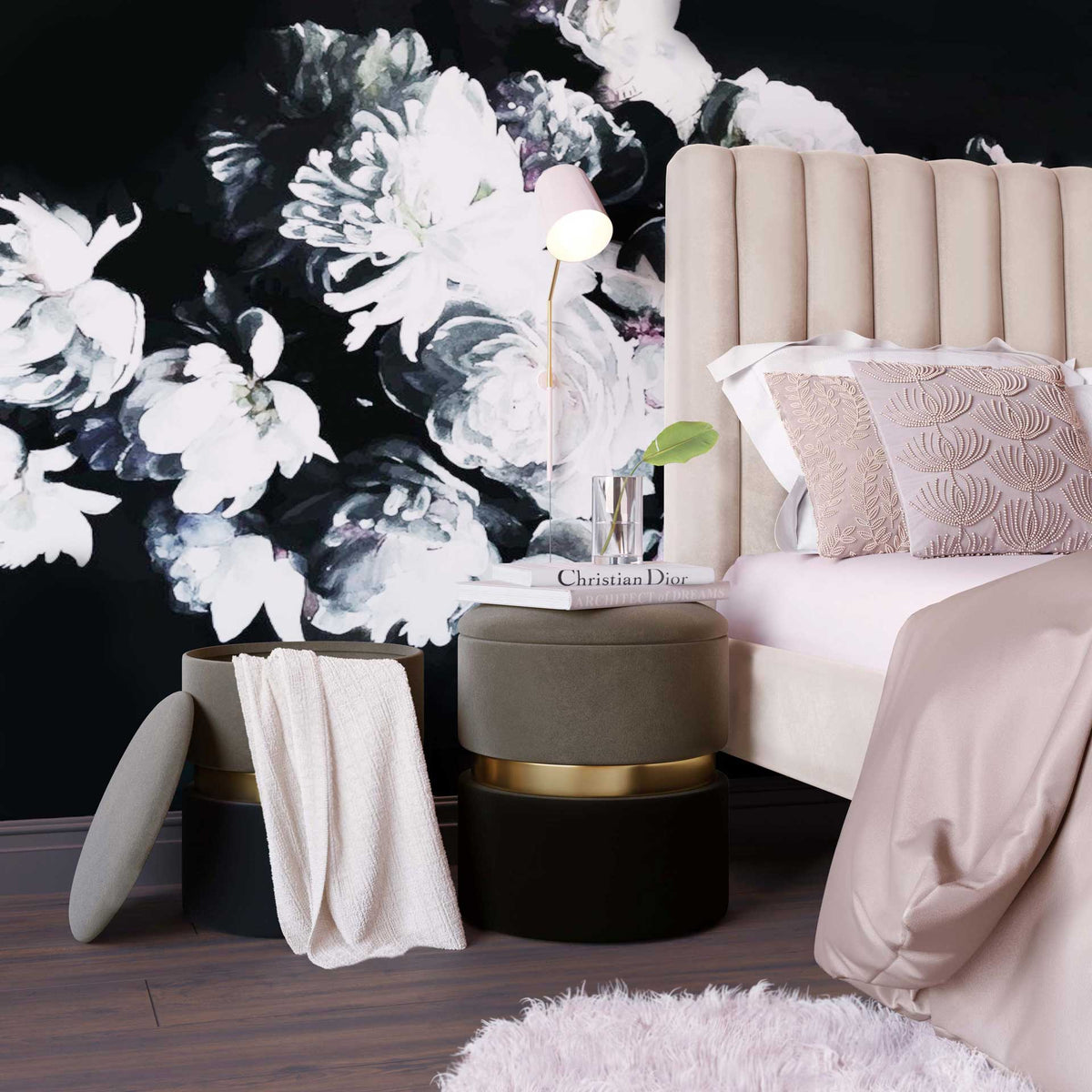 Gray velvet ottomans add bedside storage for throws and a plush spot for books, accented with gold bands