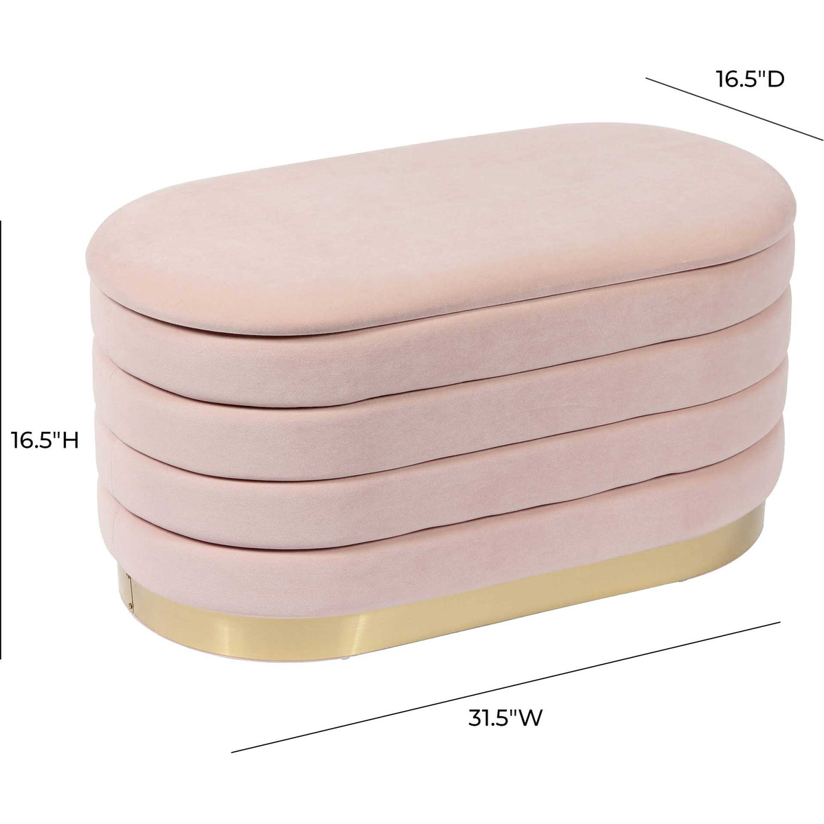 Sized at 31.5 inches wide, 16.5 inches deep, and 16.5 inches high, this blush velvet bench fits small spaces