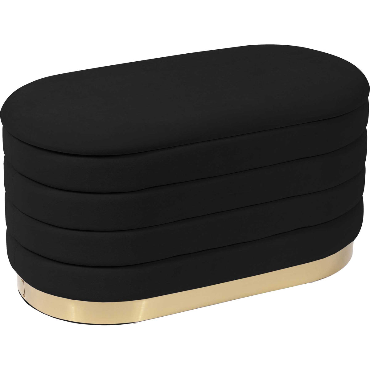 Black velvet and horizontal channel tufting give this rounded bench a glamorous finish with a gold-tone base || TOV-OC68152 || front_angle_studio